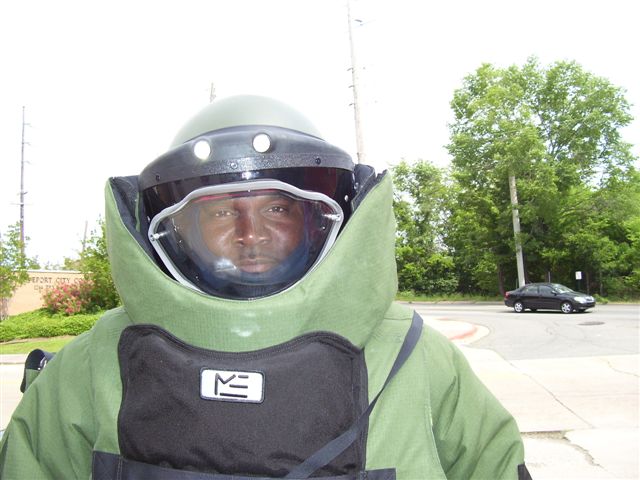 Bomb technician wearing a bomb suit